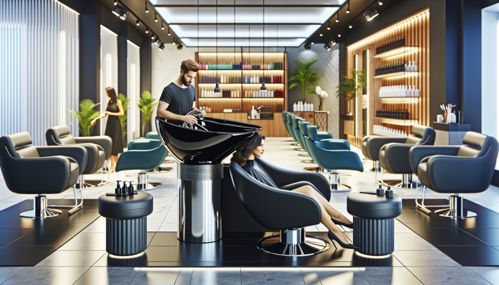 Create an image of a modern and stylish salon featuring a sleek, glossy black shampoo bowl prominently positioned. The salon interior should be elegantly decorated with contemporary furnishings, soft