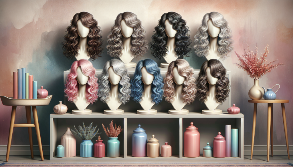 Create an image showcasing a diverse selection of curly grey wigs displayed elegantly on a shelf. Each wig should feature different shades and types of curls, from tight ringlets to loose waves, highl