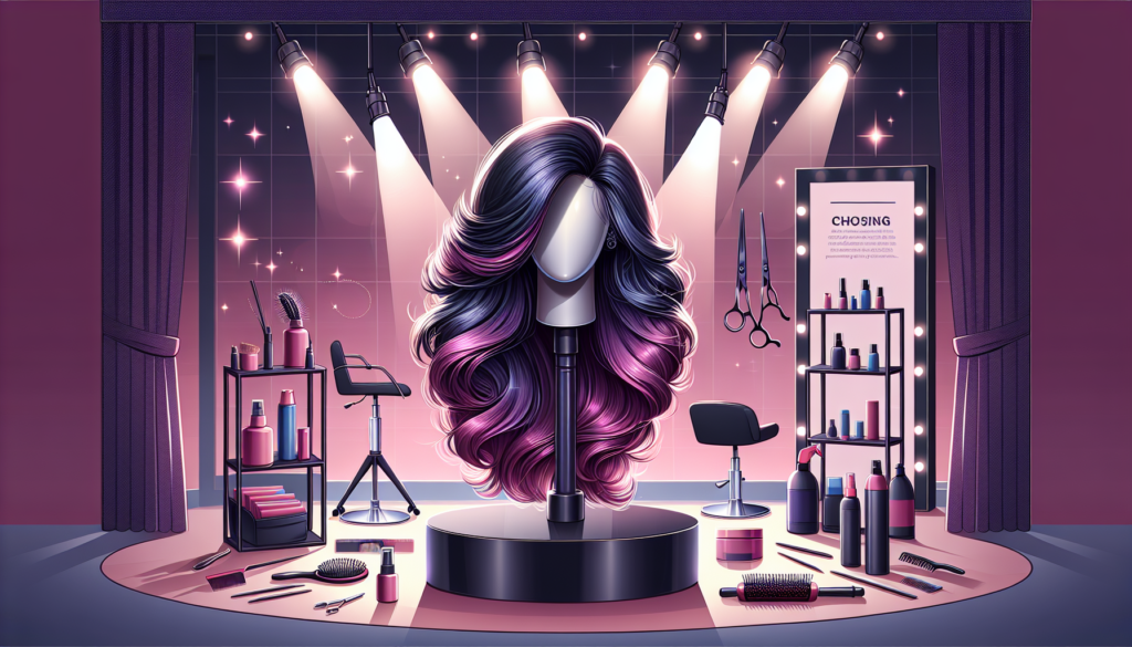 Create an image of a bright, modern hair salon interior. In the center of the scene, there's a stylish display with a luxurious purple and black wig as the focal point. The wig is perched on a sleek m