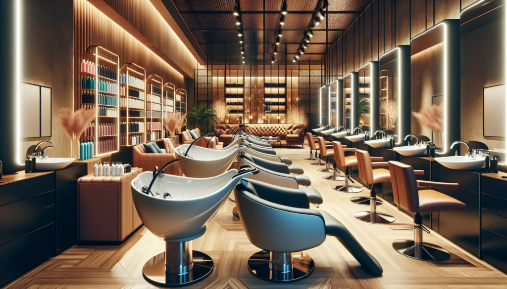 Create a vibrant and inviting image of a modern hair salon showcasing an array of stylish and ergonomic shampoo chairs. The scene includes a variety of chair designs, with some featuring built-in sink