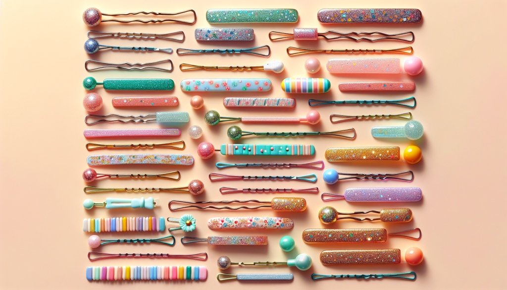 Create an image of a vibrant and stylish array of colorful bobby pins arranged artistically on a flat surface. Each pin should showcase different patterns, colors, and finishes, such as metallic, matt
