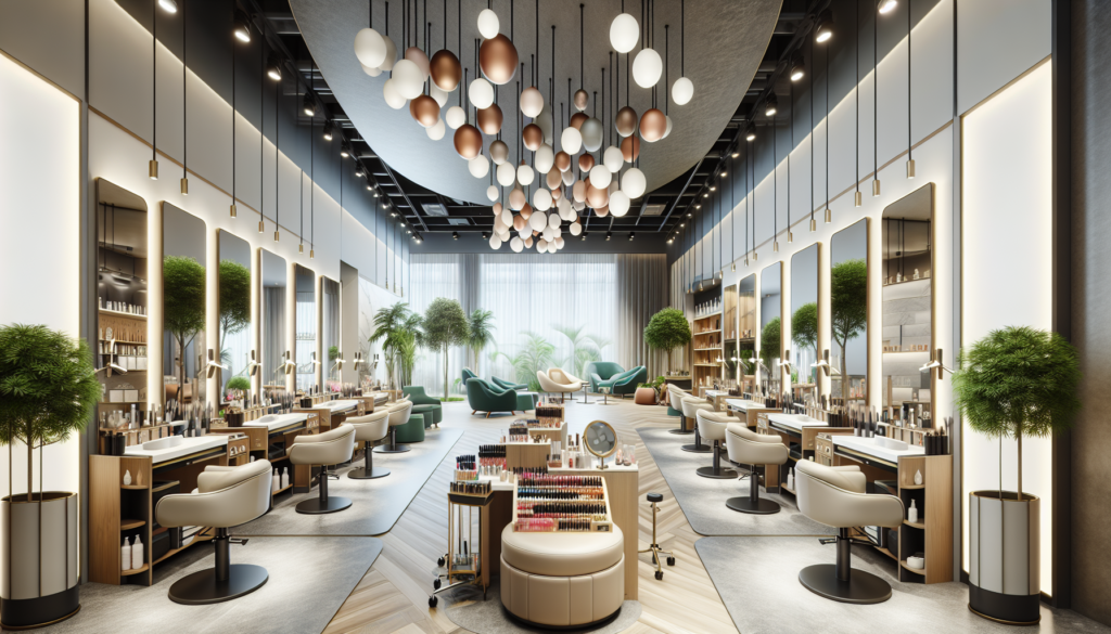 Create an image of a vibrant and modern Sally Beauty Salon interior. Showcase an array of essential equipment, including sleek hair styling stations with elegant mirrors, a variety of hairstyling tool