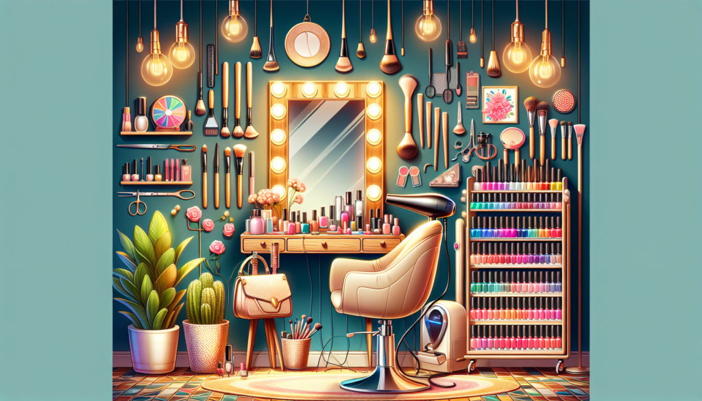 Create an image of a stylish and well-organized home salon setup. The scene should feature essential beauty equipment such as a sleek hairdryer, a set of high-quality makeup brushes, a standing mirror