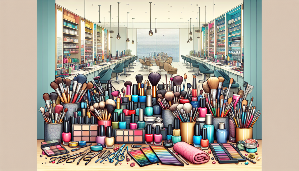 Prompt: A vibrant and neatly organized beauty salon countertop filled with essential supplies including various makeup brushes, palettes, hair styling tools, nail polish bottles, skincare products, an