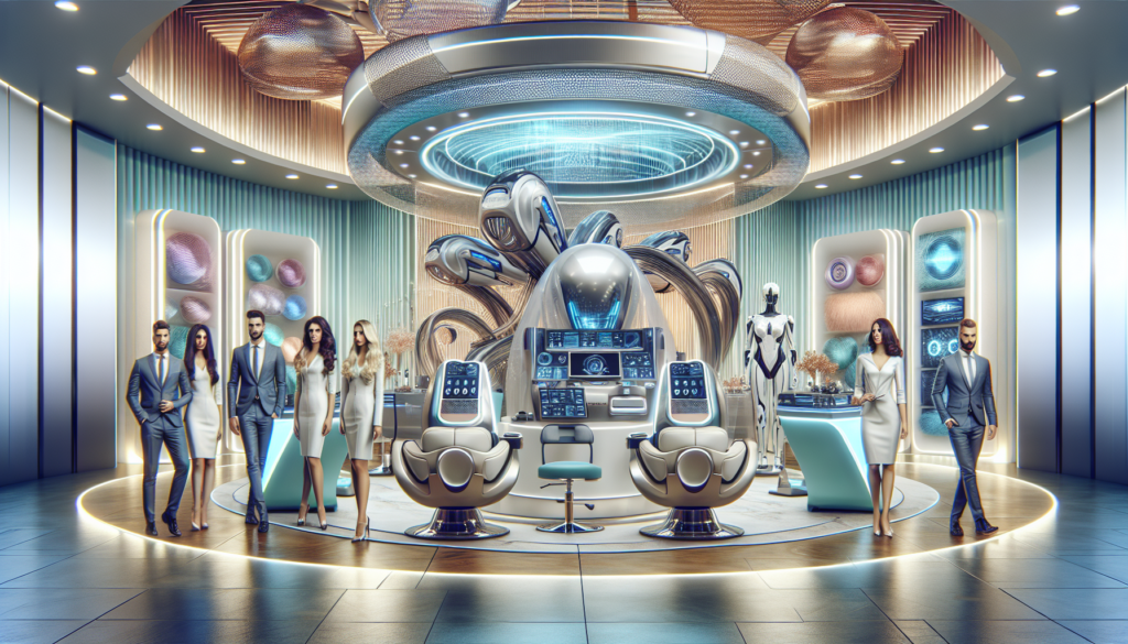Create an image of a modern salon showcasing state-of-the-art professional beauty equipment, including sleek, futuristic hair styling tools, multifunctional facial treatment machines, and advanced ski