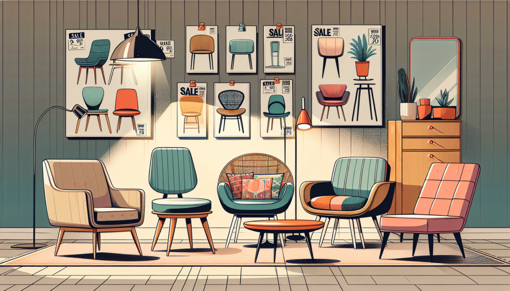 Create an inviting image of a cozy, stylish living room filled with various chic chairs for sale. The room should include an eclectic mix of trendy chair styles, such as a modern minimalist armchair,