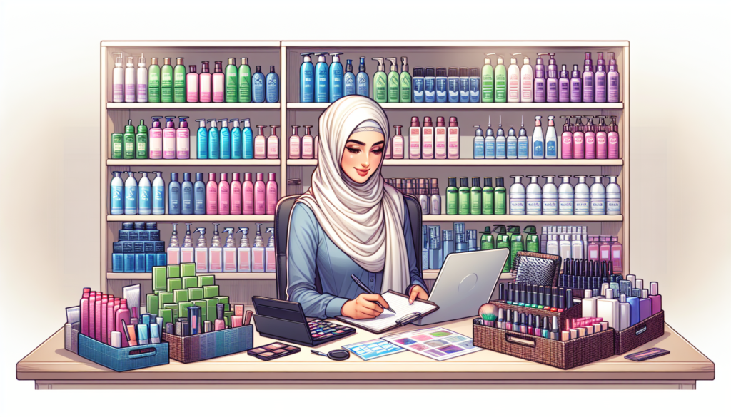 Create a vibrant and professional scene of a beauty supply store owner comparing various products from different distributors. The store should be well-organized, stocked with a wide range of beauty p