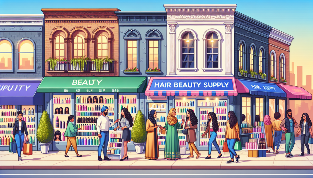 Create a vibrant and welcoming street scene with various hair beauty supply shops. The storefronts are adorned with colorful signs and displays of hair products, wigs, hair extensions, and styling too