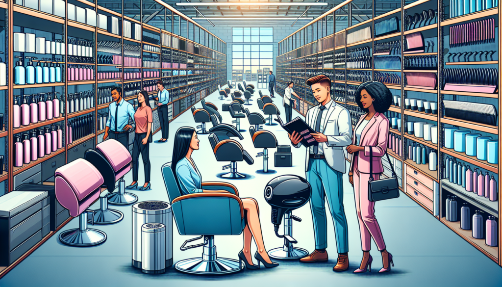 Create an image of a bustling warehouse interior filled with a variety of cosmetology equipment, such as salon chairs, hair dryers, and styling stations, all neatly organized. In the foreground, a fri