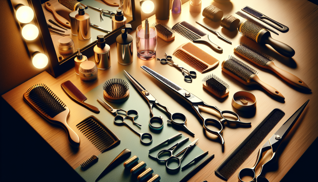 Create an image of a stylist's workstation featuring an elegant pair of Joewell hair cutting shears prominently displayed. The shears should be catching the light to highlight their precision design.
