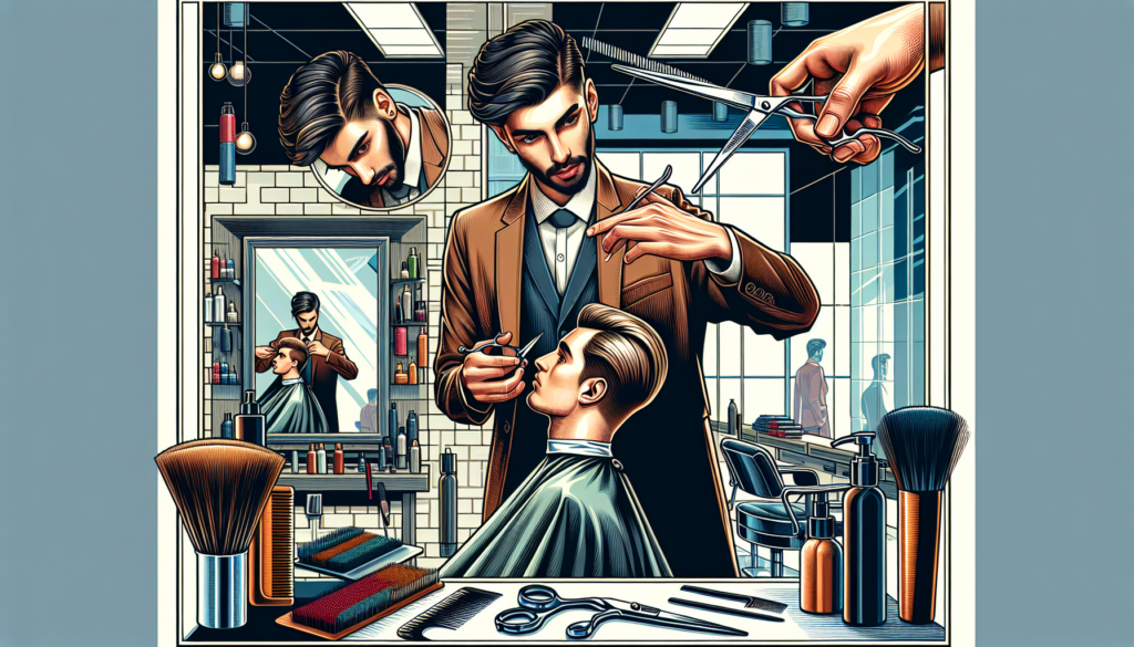 Create a detailed illustration of a professional hairdresser in a stylish salon, expertly using thinning scissors on a client's hair. The scene should capture the precision and skill involved in haird