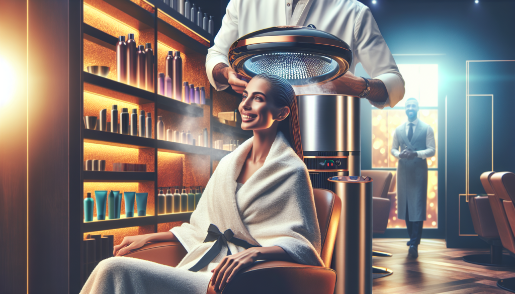 Create an image of a luxurious salon setting featuring a modern hair steamer machine in action. The scene should show a joyful client seated comfortably with a towel around their shoulders, enjoying t