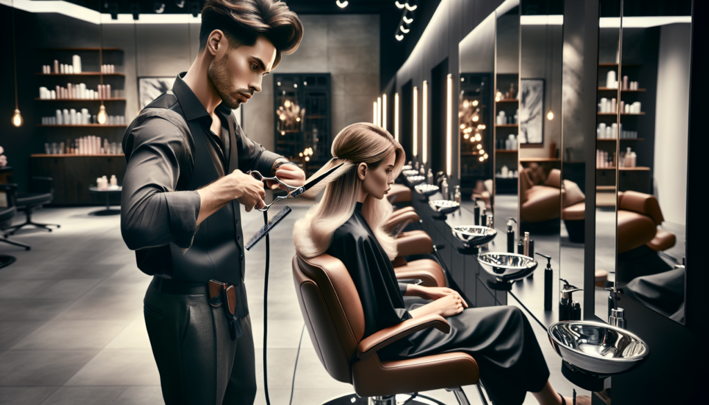 Create an image showcasing a modern, stylish salon with a hair stylist using an ergonomic pair of swivel shears while cutting a client's hair. The stylist should be concentrating on their work, demons