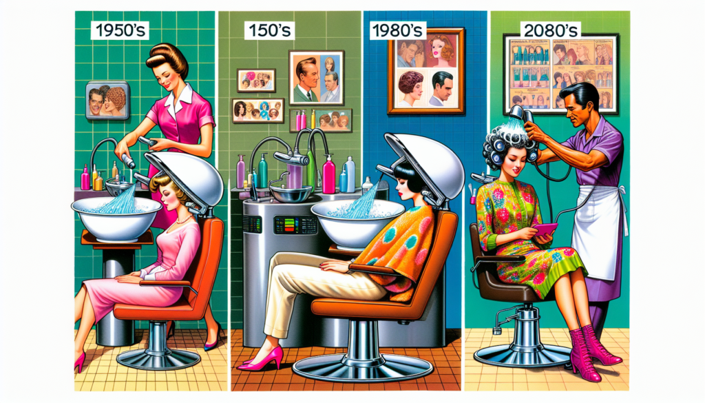 Create an image depicting the evolution of shampoo bowls in salons: starting from a vintage 1950s salon scene with classic porcelain shampoo bowls, transitioning through the 1980s with colorful, plast