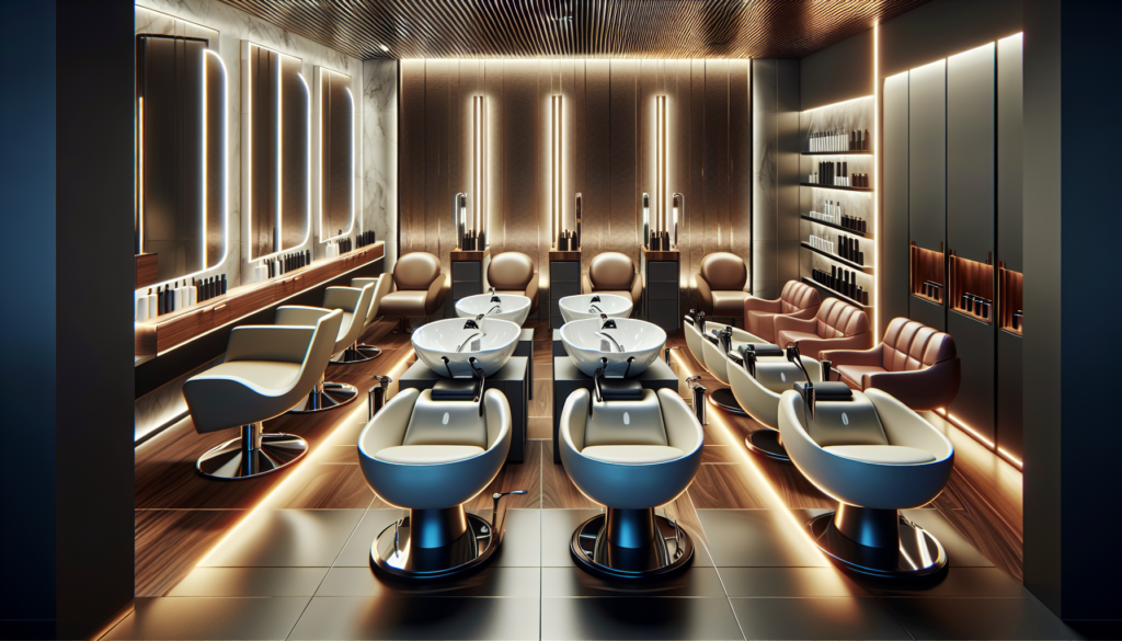 A modern, stylish salon interior with an array of sleek shampoo sinks and comfortable, ergonomic chairs. The scene showcases various designs and colors arranged neatly, highlighting the top picks for