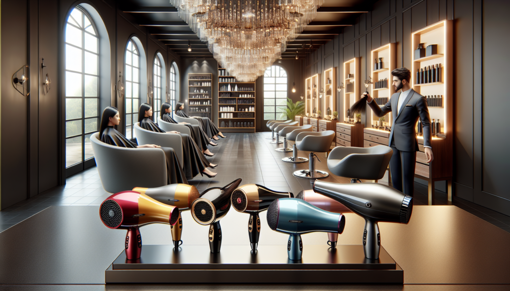 Create a high-quality image of a luxurious, modern salon with sleek, stylish decor. Display a range of top professional hair dryers on a polished counter, showcasing different models and vibrant color