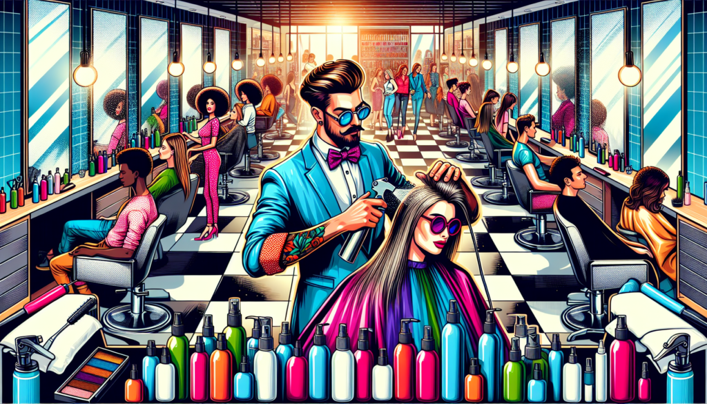 Create an image of a vibrant and colorful salon scene where a hairdresser is skillfully using a spray bottle. The hairdresser, a stylish figure with modern fashion, is spraying the bottle to create a