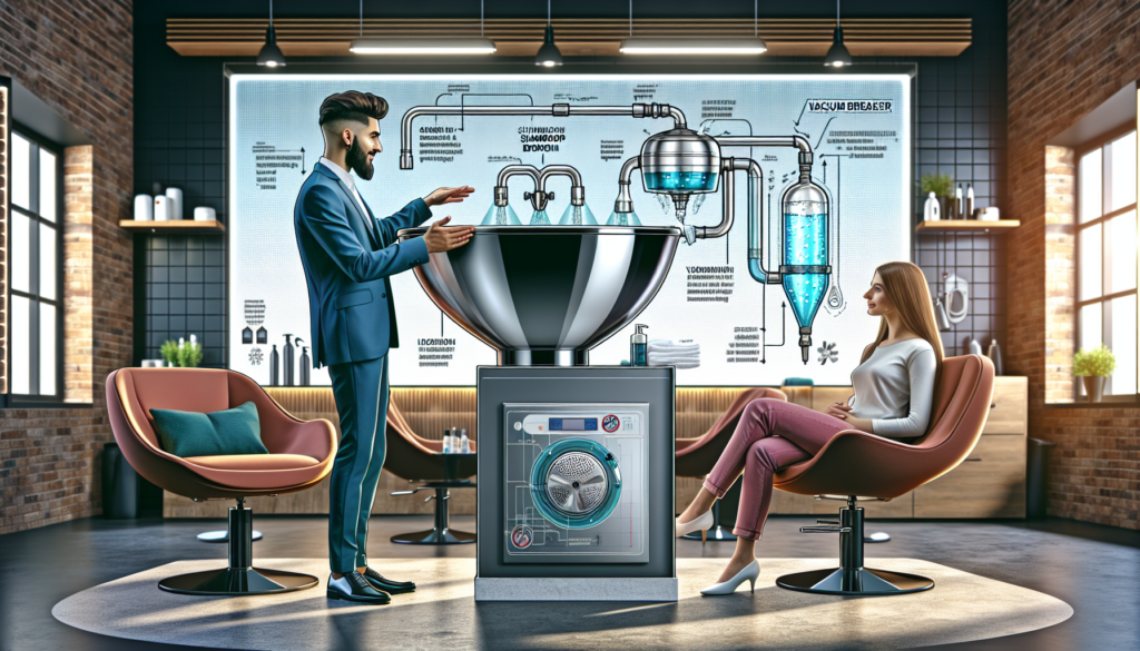Create an image of a modern salon setting with a stylish shampoo bowl prominently featuring a labeled vacuum breaker device. The bowl should be sleek and contemporary, with a stylist gently explaining